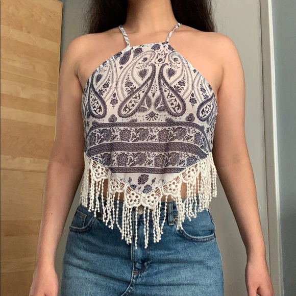 Paisley Crochet Halter Handkerchief Boho Crop Top - Picture 9 of 9